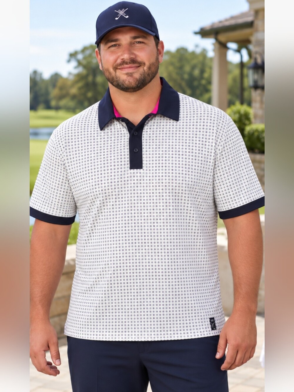 Kenneth Cole Golf Men’s 1X Performance Polo White Navy Geometric Stretch